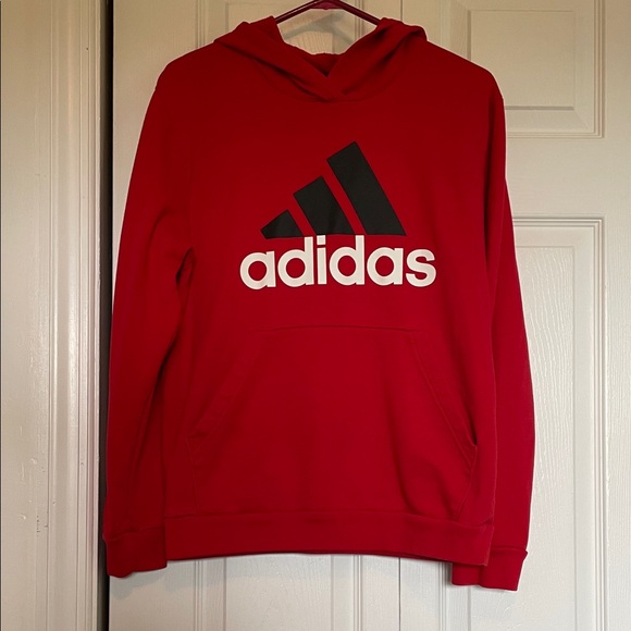 Youth L (18-20) Adidas hooded sweatshirt red/black graphic Kangaroo pouch/pocket - Picture 2 of 8